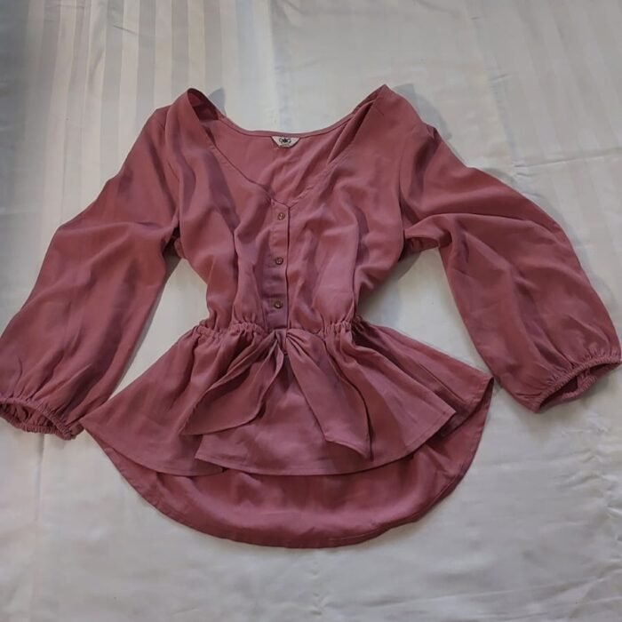 Mauve V-Neck Peplum Top with Lantern Sleeves 💜 - Image 1