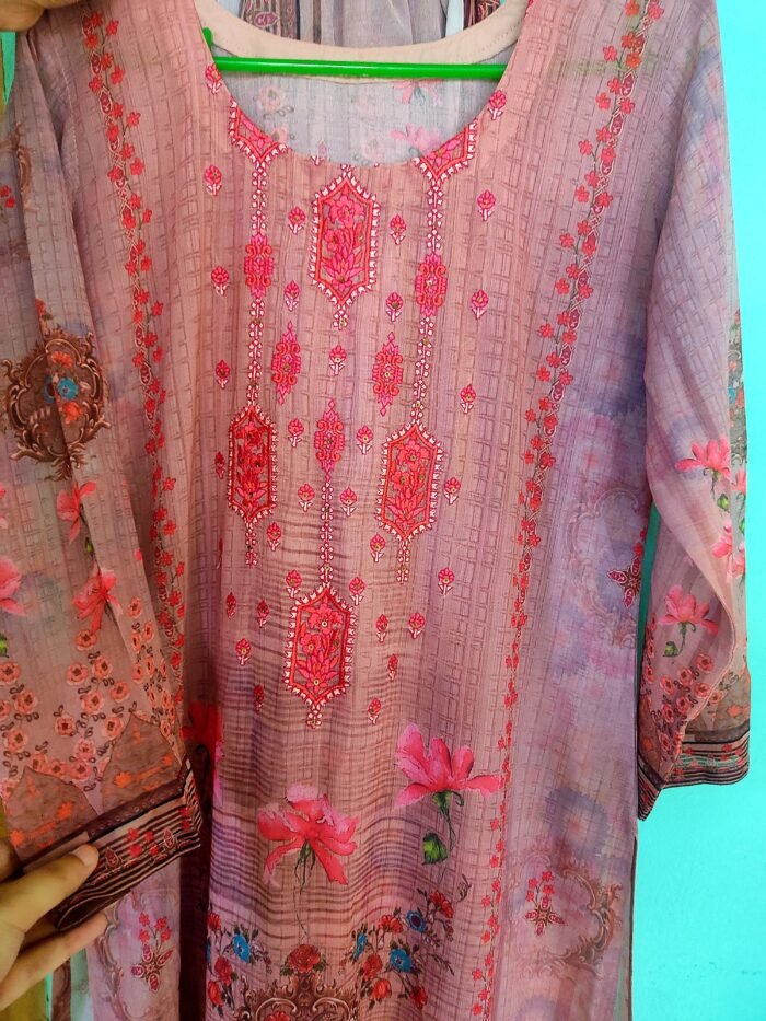 Embroidered Soft Georgette 3-Piece Set with Silk Pants ✨ - Image 1