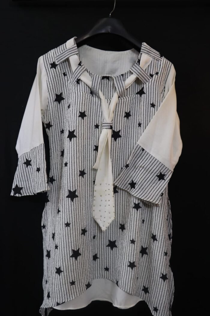 Black & White Star-Print Tunic with Tie - Image 1