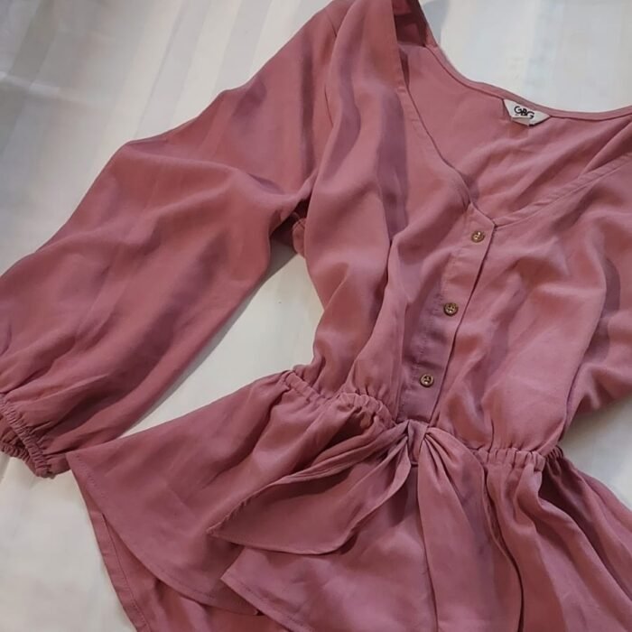 Mauve V-Neck Peplum Top with Lantern Sleeves 💜 - Image 2
