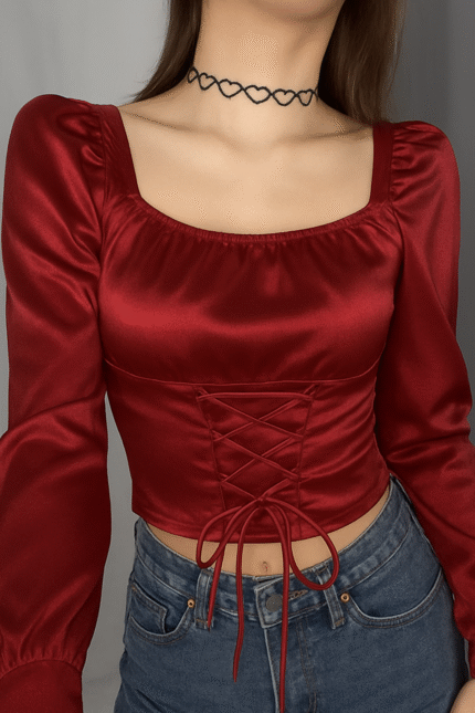 red satin criss cross top